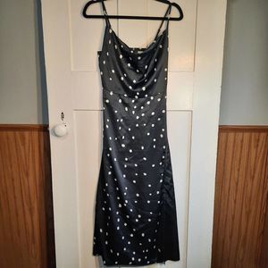 FOXIE DOX Dark Navy Polka Dot Spaghetti Strap Side Slit Maxi Dress XS